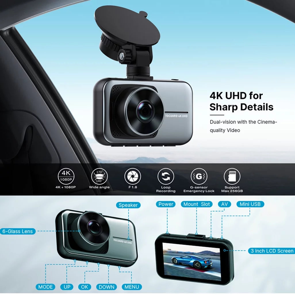 craques 4K dual dash cam for car with dual vision, wide angle lens, 3 inch LCD screen, and loop recording