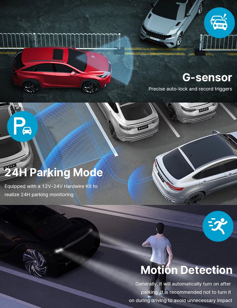 4K dual dash cam for car with G-sensor auto-lock, 24H parking mode, and motion detection features