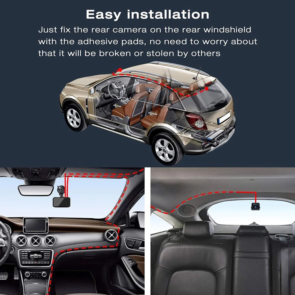 4K dual dash cam for car showing easy installation with front and rear camera placement inside vehicle