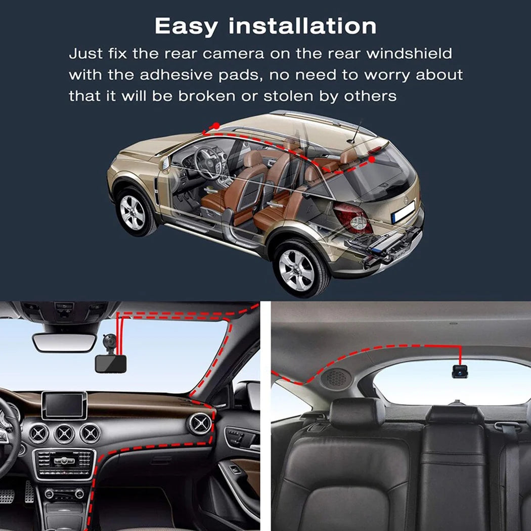 4K dual dash cam for car showing easy installation with front and rear camera placement inside vehicle