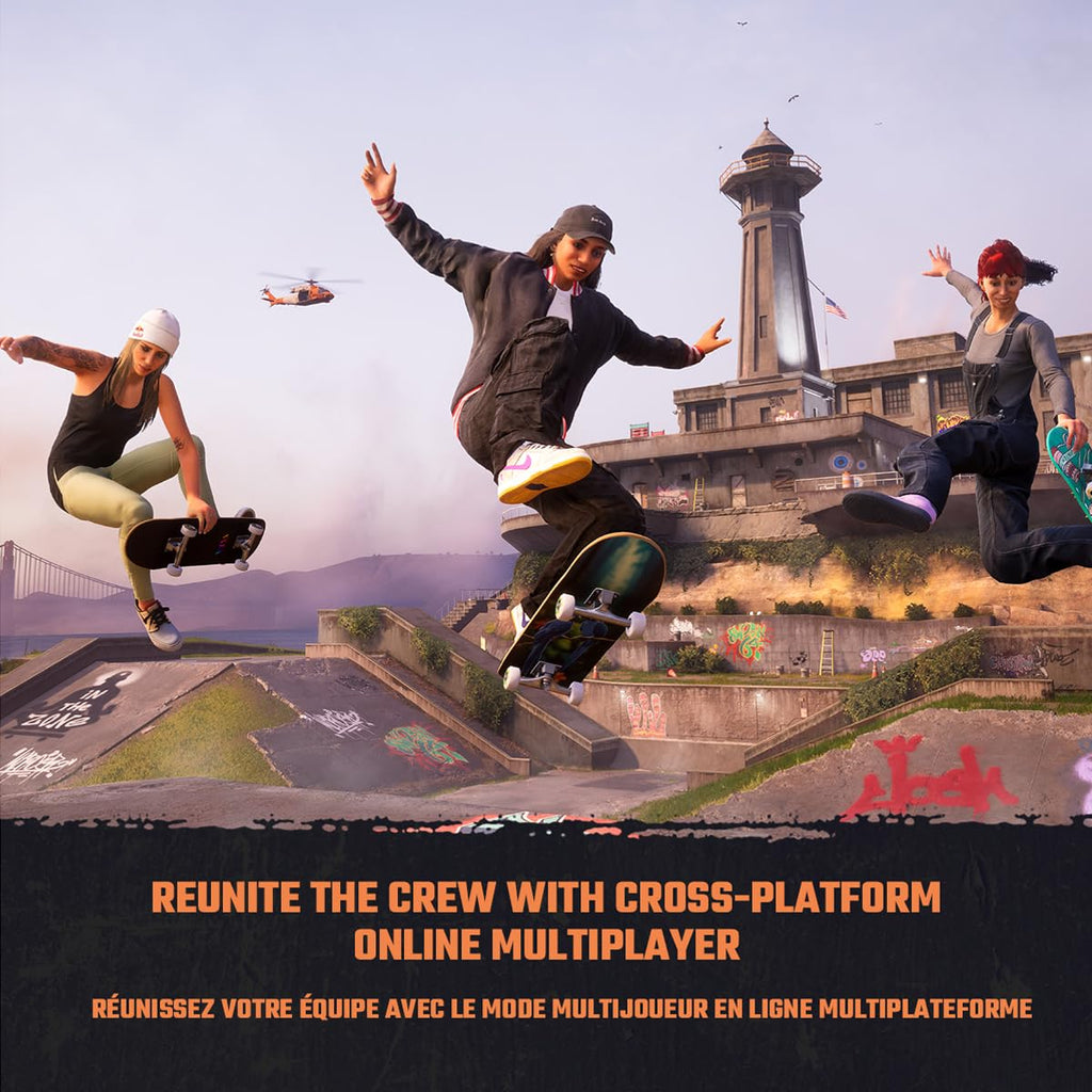 Tony Hawk 3 and 4 Remastered Playstation 5 gameplay showing skateboarders performing tricks at a skatepark with historic tower background