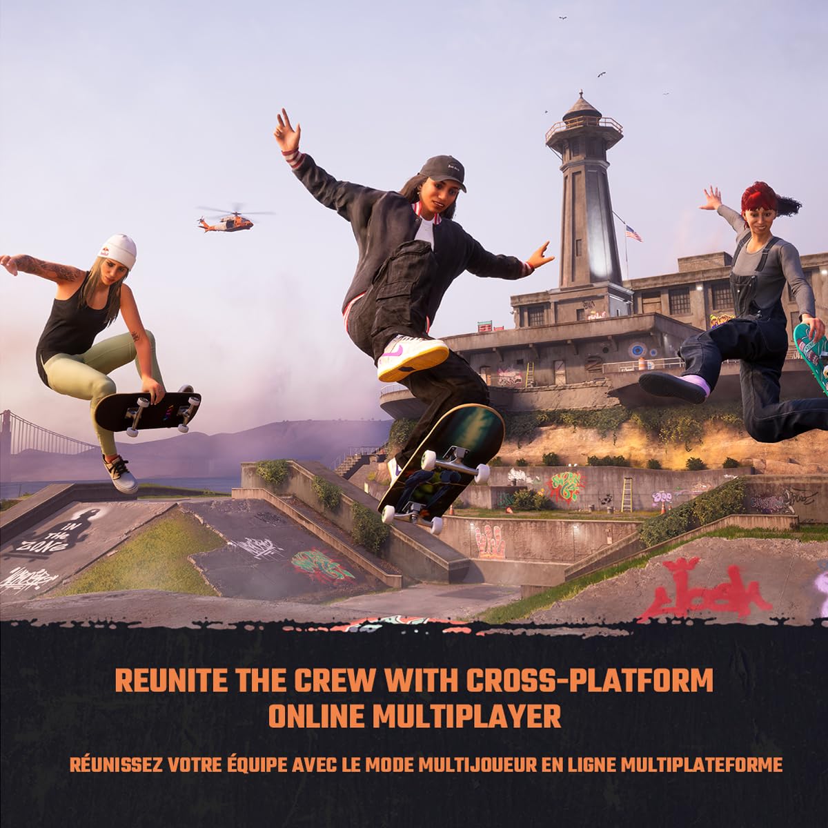 Tony Hawk 3 and 4 Remastered Playstation 5 gameplay showing skateboarders performing tricks at a skatepark with historic tower background