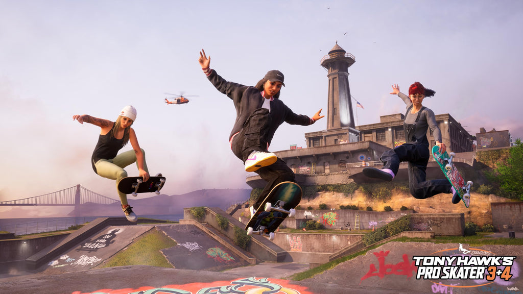 Tony Hawk 3 and 4 Remastered Playstation 5 skateboarders performing tricks in a skatepark with city skyline background