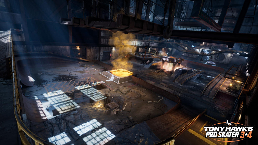 Gameplay scene from Tony Hawk 3 and 4 Remastered Playstation 5 showing a detailed indoor skatepark environment