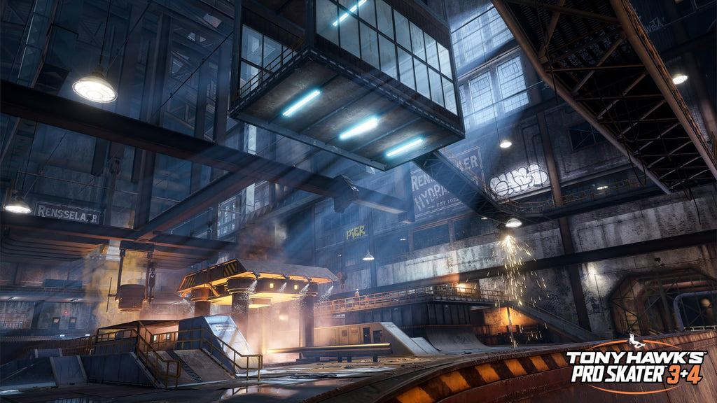 Gameplay scene from Tony Hawk 3 and 4 Remastered Playstation 5 showing detailed skatepark environment