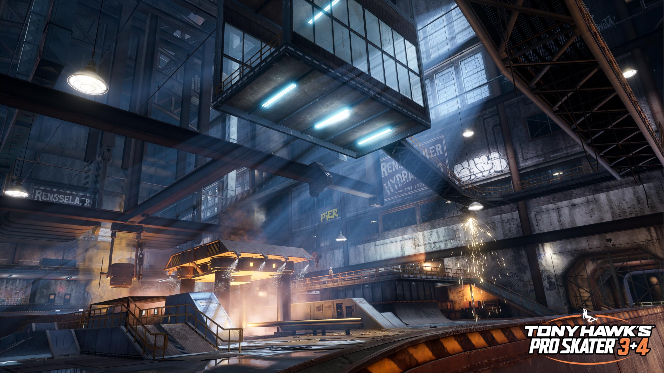 Gameplay scene from Tony Hawk 3 and 4 Remastered Playstation 5 showing detailed skatepark environment