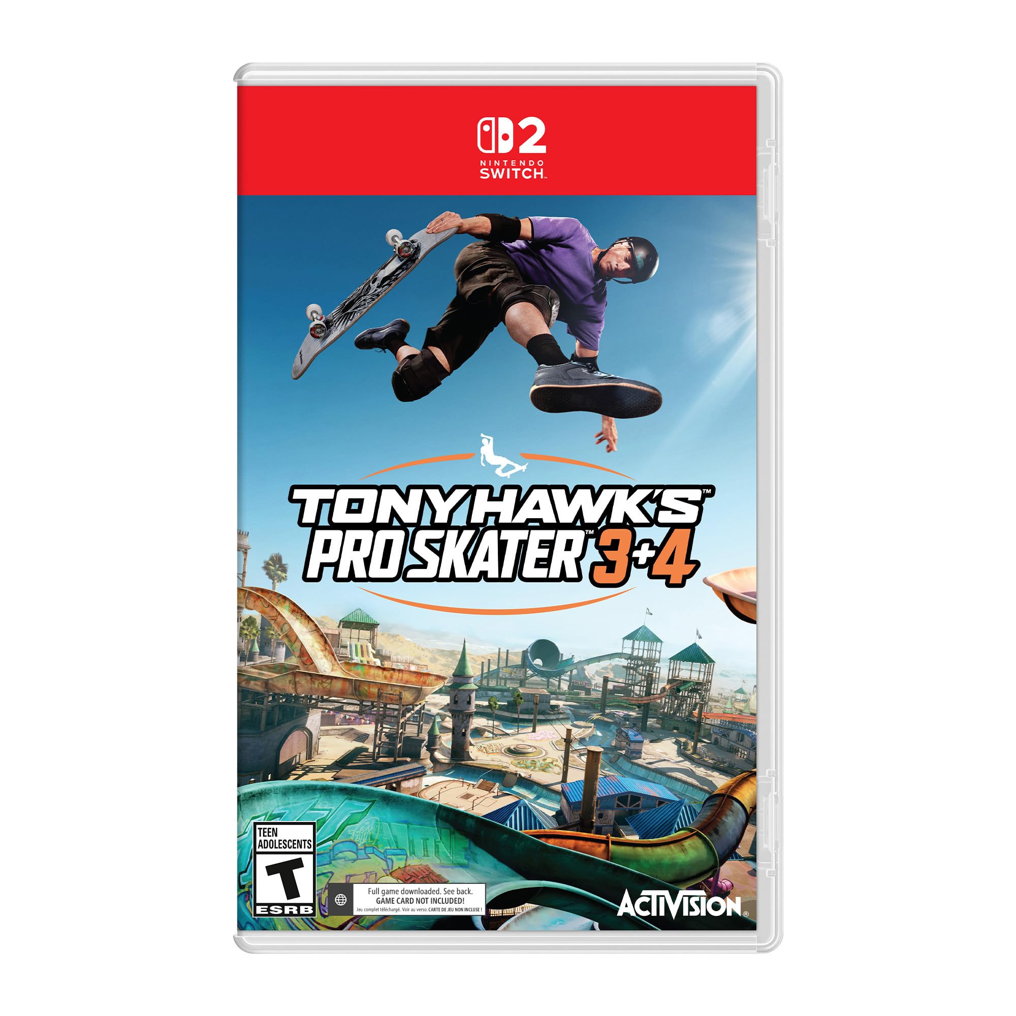 Tony Hawk 3 and 4 Remastered Playstation 5 game cover showing skateboarder mid-air over a colorful skate park