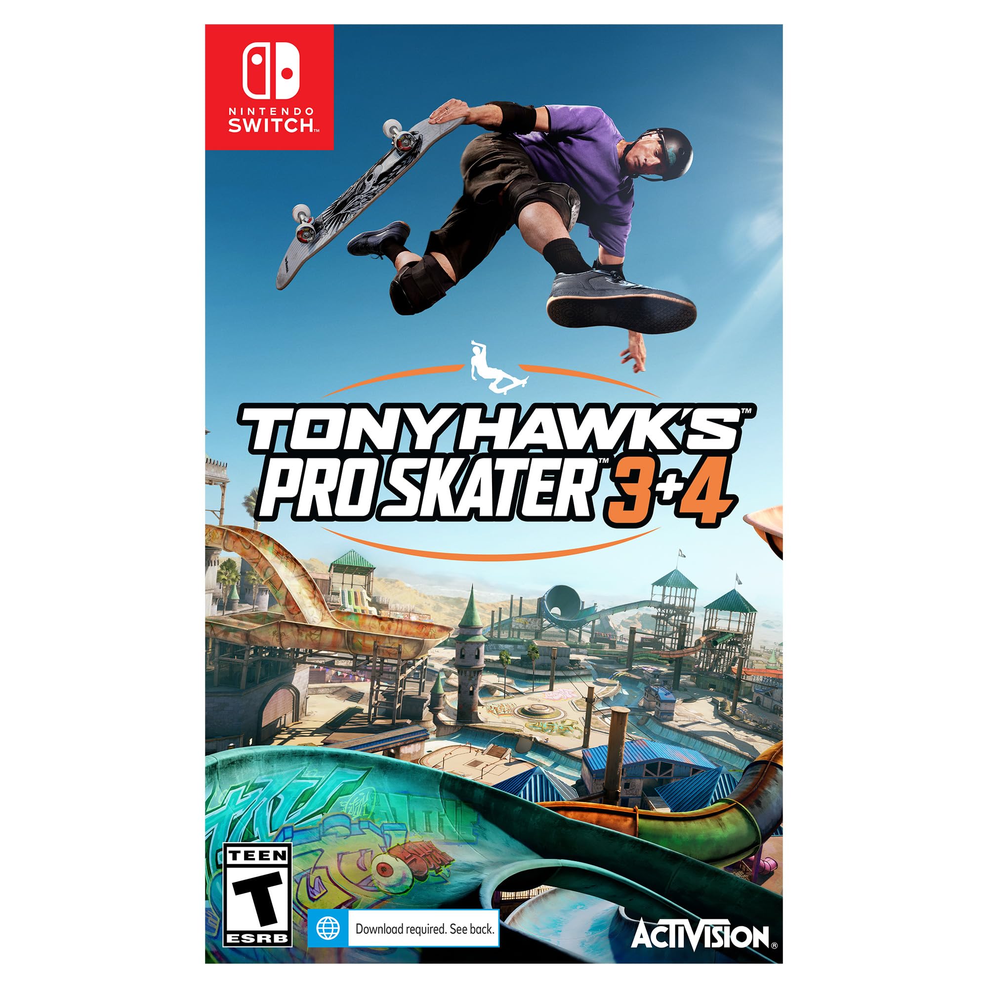 Tony Hawk 3 and 4 Remastered Playstation 5 game cover featuring a skateboarder in mid-air over a skate park