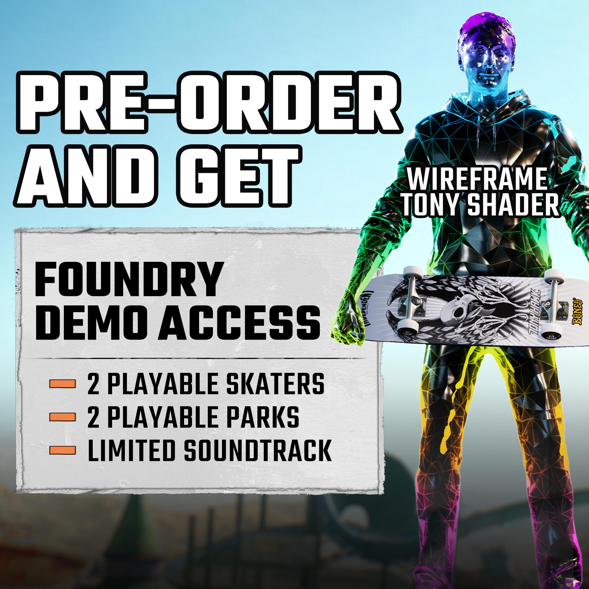 Tony Hawk 3 and 4 Remastered Playstation 5 pre-order offer with foundry demo access and wireframe Tony shader
