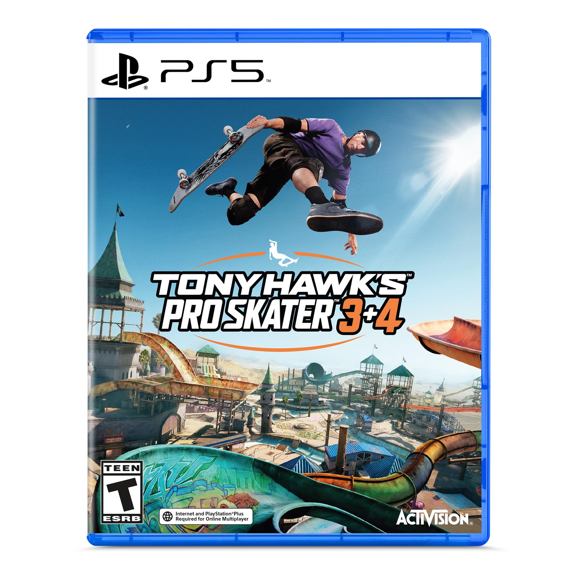 Tony Hawk 3 and 4 Remastered Playstation 5 video game case showing a skateboarder performing a trick in a colorful skate park