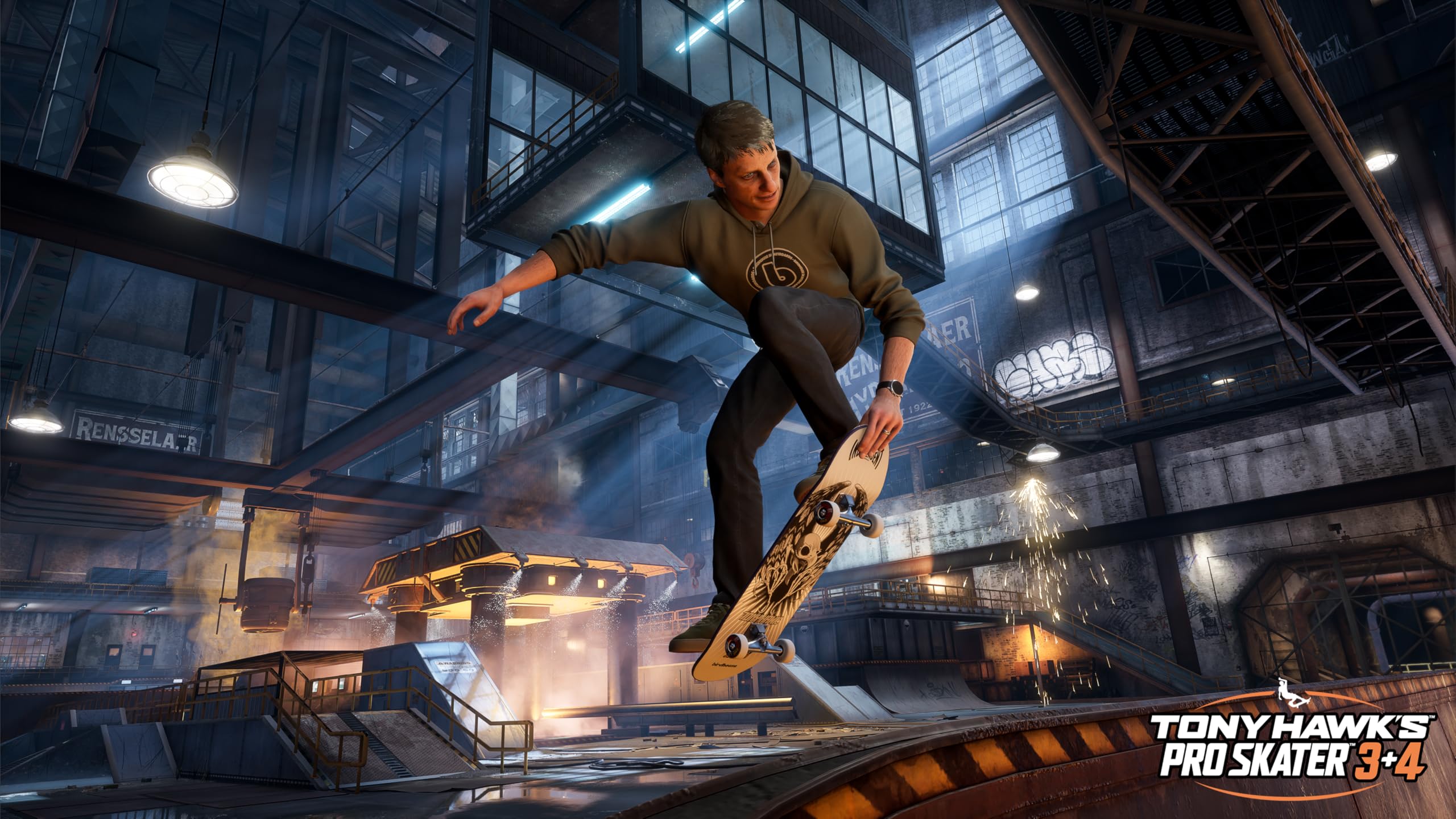 Tony Hawk performing a skateboard trick in an indoor skatepark from Tony Hawk 3 and 4 Remastered Playstation 5 game
