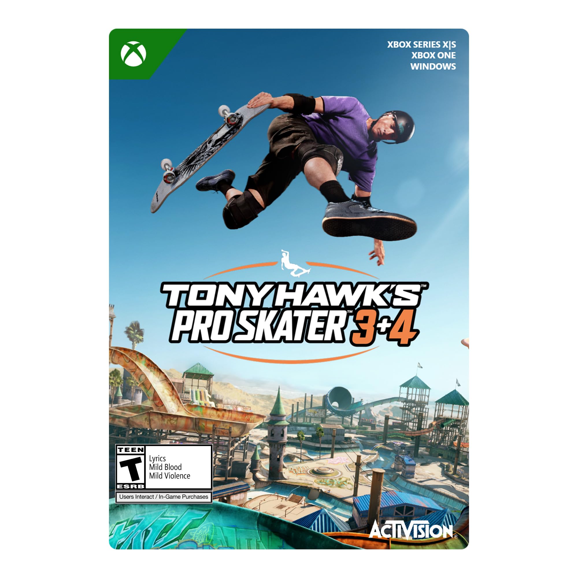 Tony Hawk 3 and 4 Remastered Playstation 5 cover art with skateboarder mid-air and urban skate park background