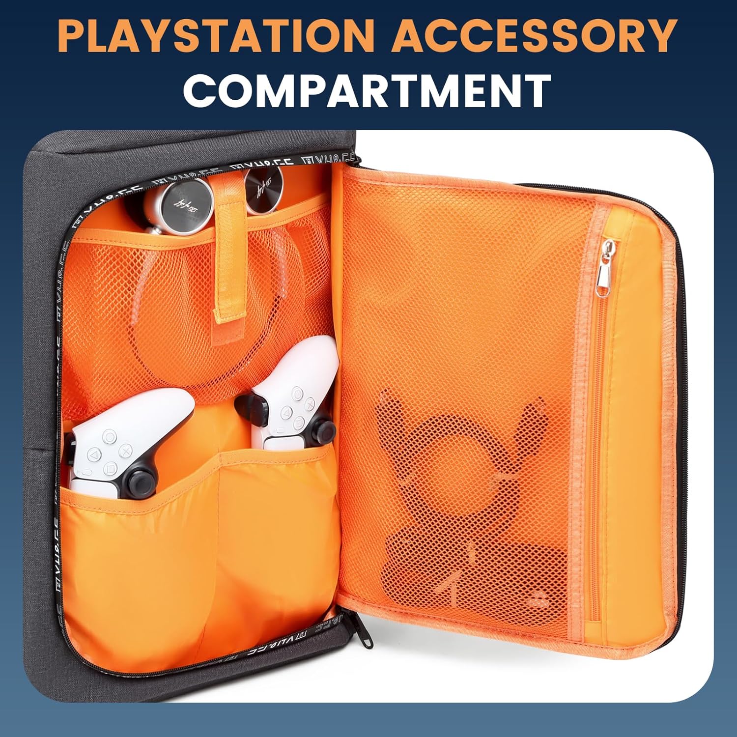 Travel backpack for PS5 with organized PlayStation accessory compartment and orange interior pockets