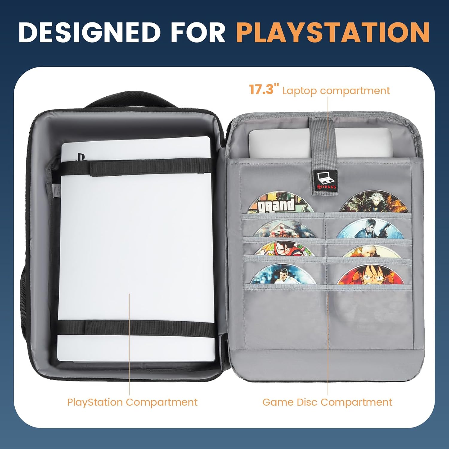 Travel backpack for PS5 with dedicated PlayStation compartment, game disc slots, and 17.3 inch laptop compartment