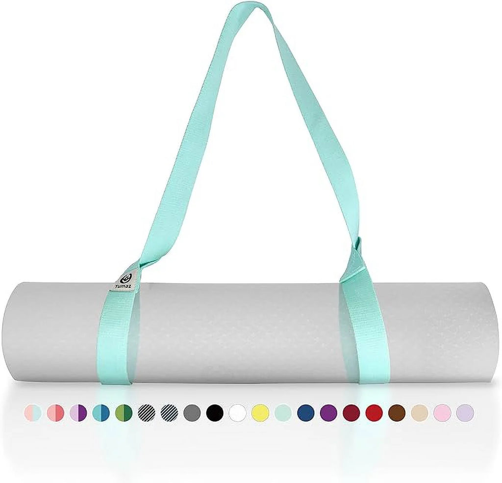 Light blue adjustable yoga mat carrier strap holding a rolled gray yoga mat with color options