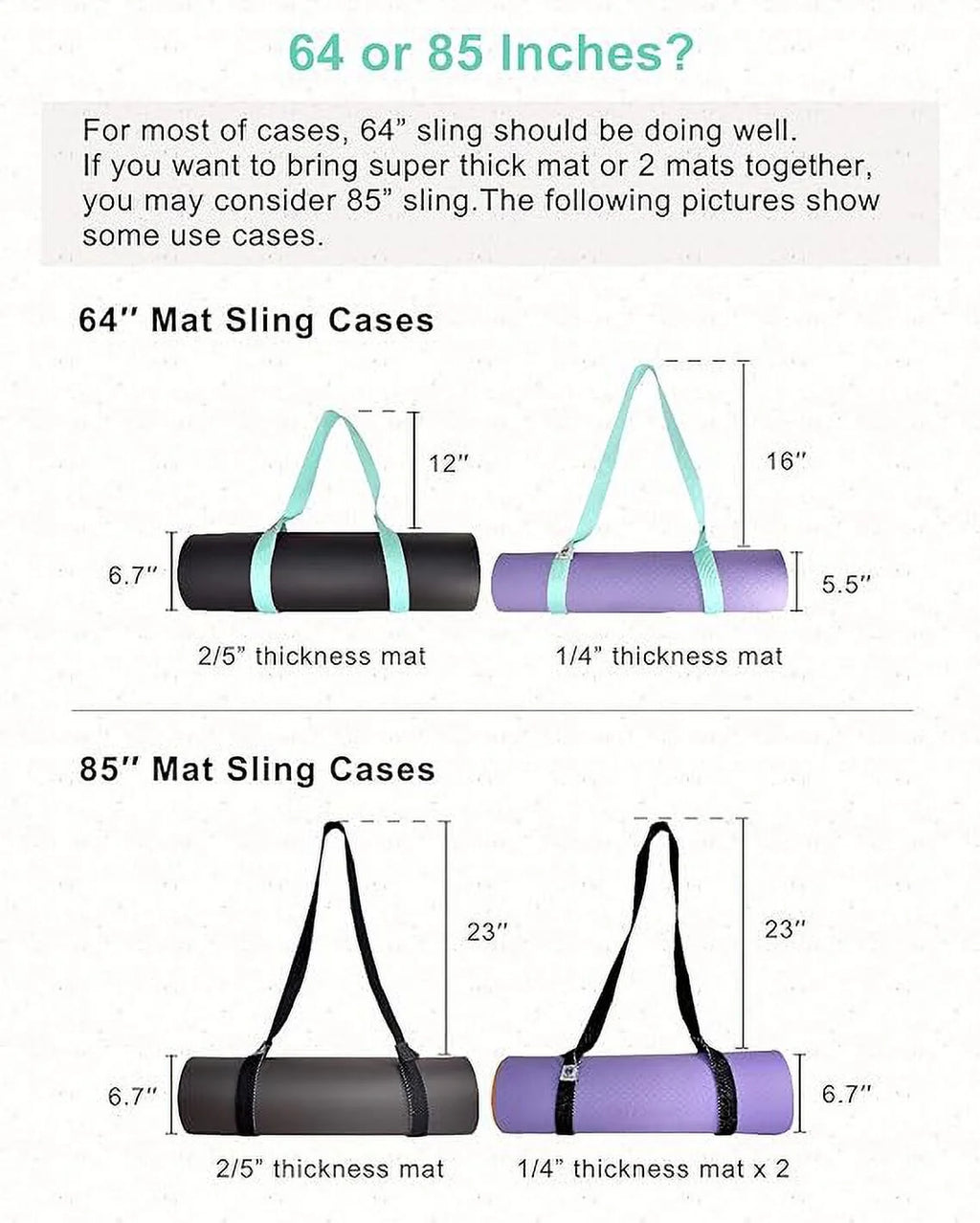 Adjustable yoga mat carrier by craques showing 64 and 85 inch sling cases for different mat thicknesses