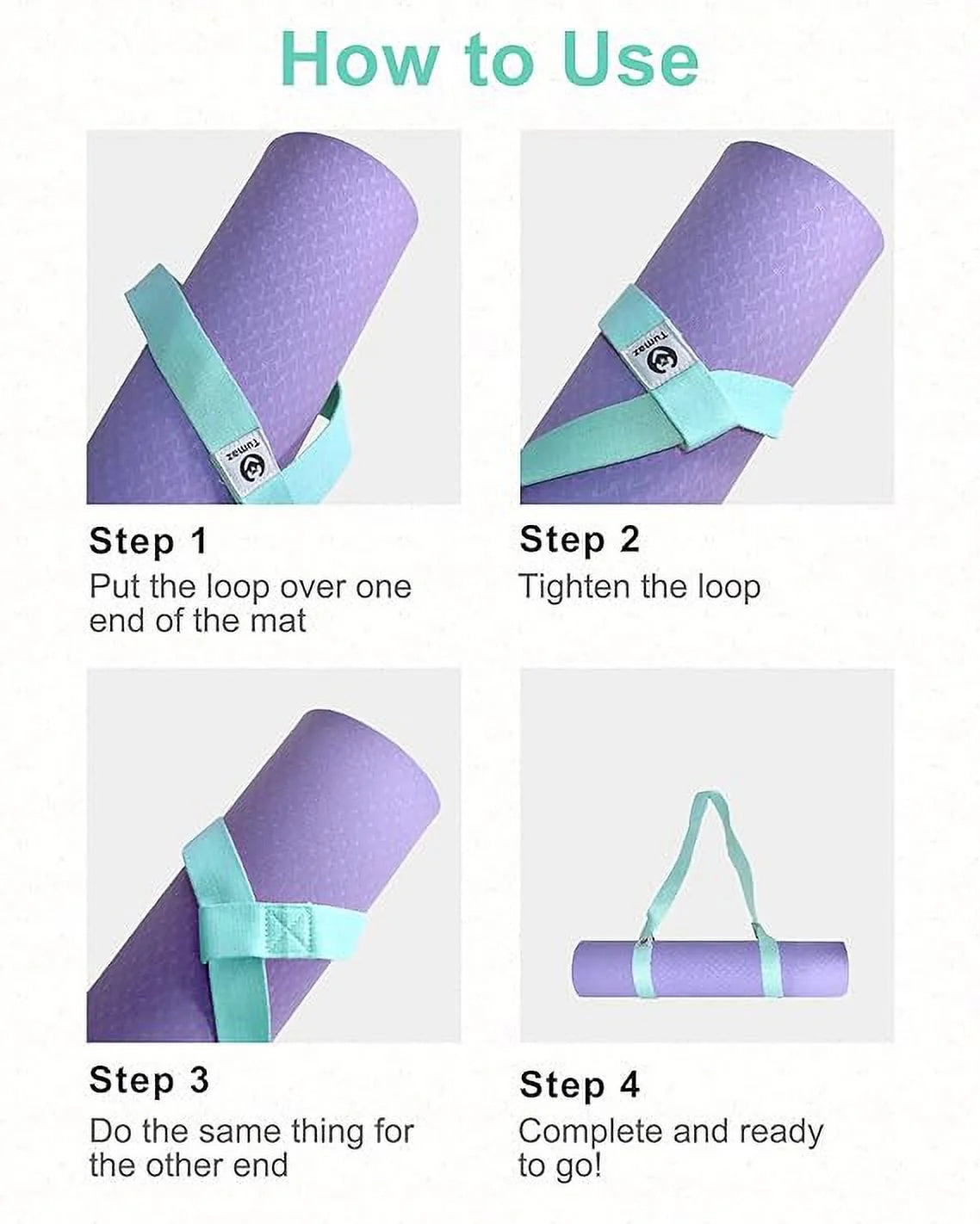 Step-by-step instructions for using craques adjustable yoga mat carrier with a purple mat and teal straps