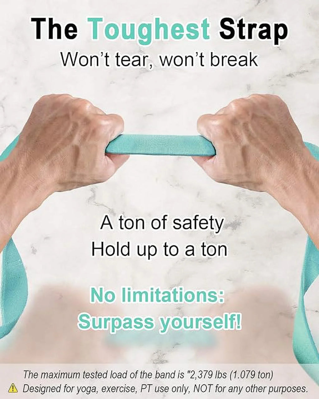 Hands pulling the toughest strap of an adjustable yoga mat carrier by craques showing its strength and safety features