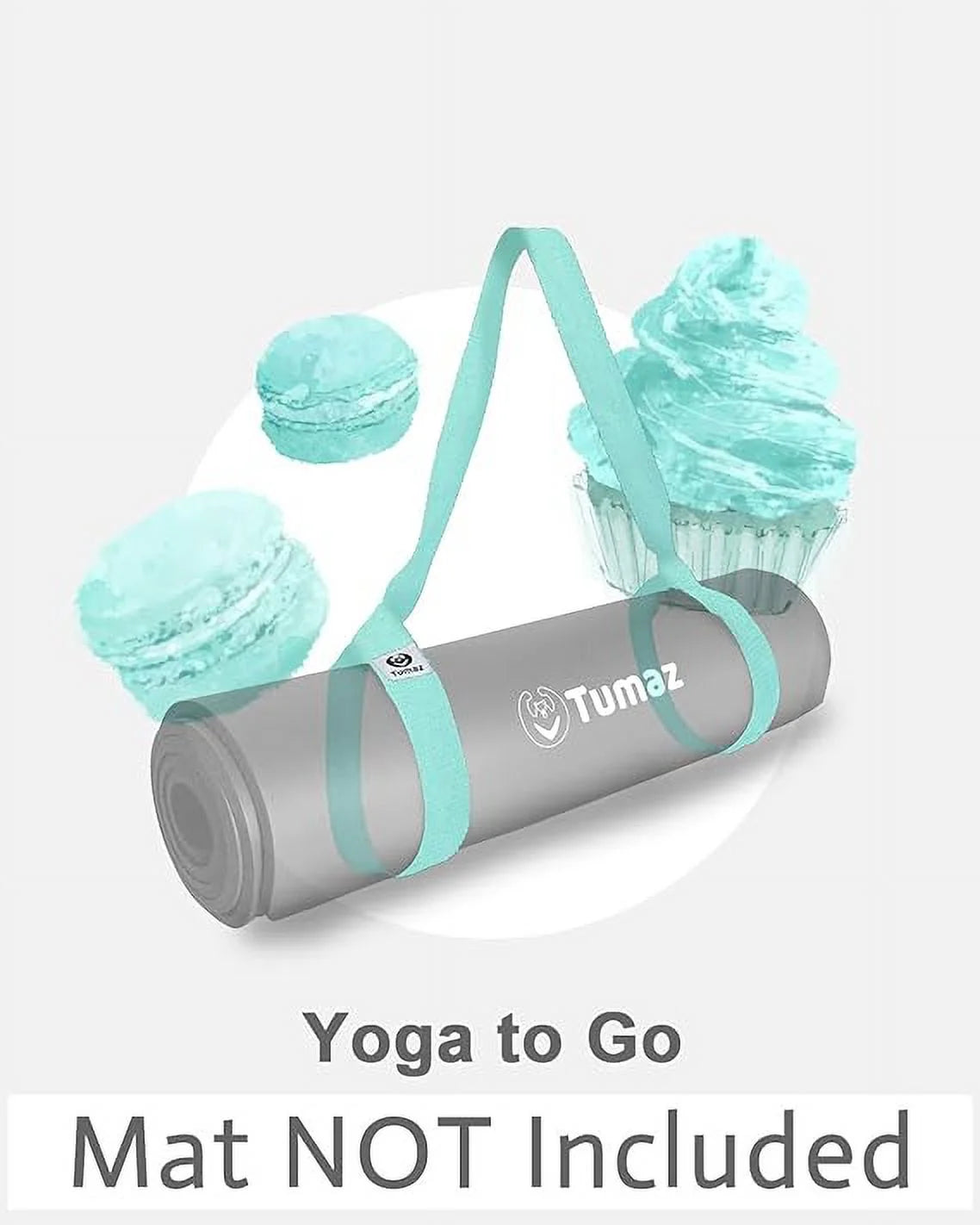 Craques adjustable yoga mat carrier in turquoise straps holding a rolled gray yoga mat