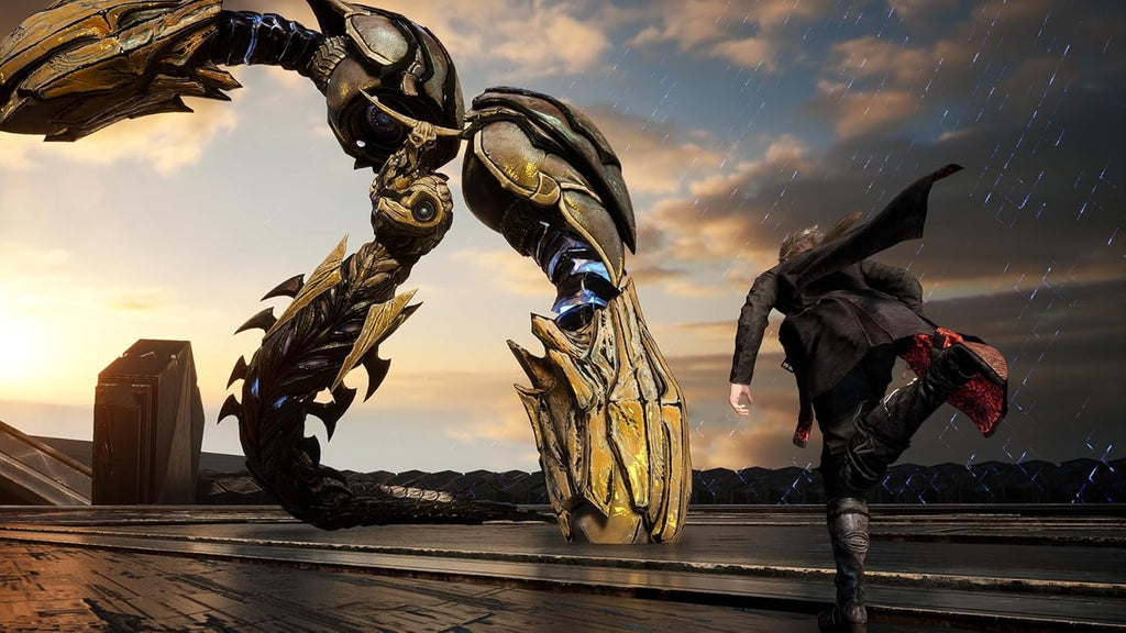 Lost Soul Aside PS5 gameplay featuring a character fighting a large mechanical serpent at sunset