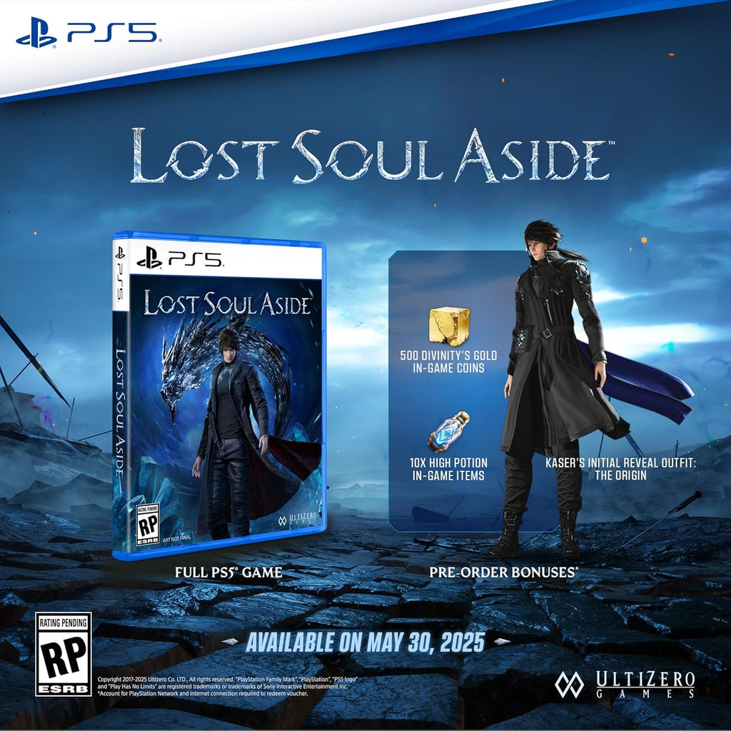 Lost Soul Aside PS5 game cover and pre-order bonuses including in-game coins, potions, and outfit