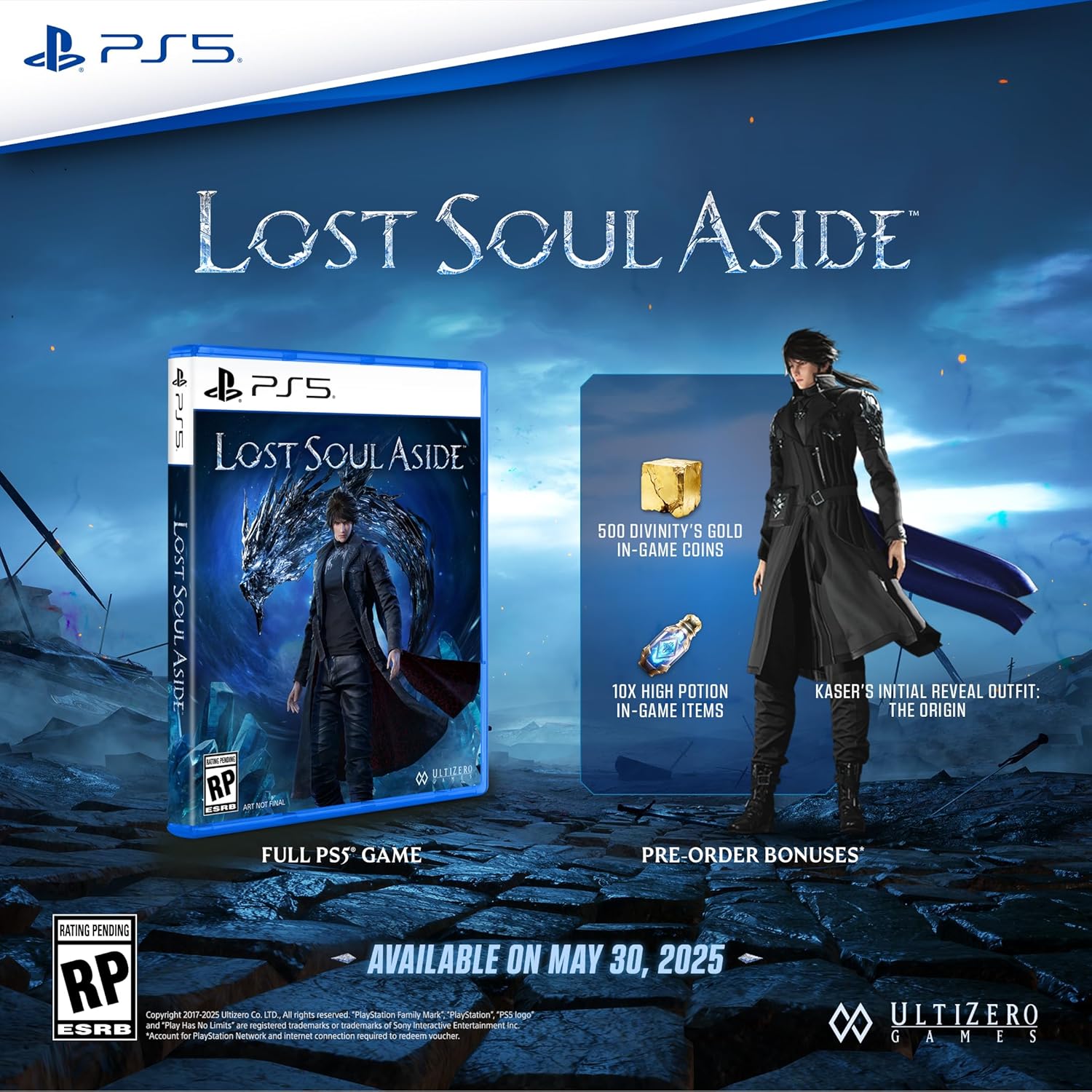 Lost Soul Aside PS5 game cover and pre-order bonuses including in-game coins, potions, and outfit