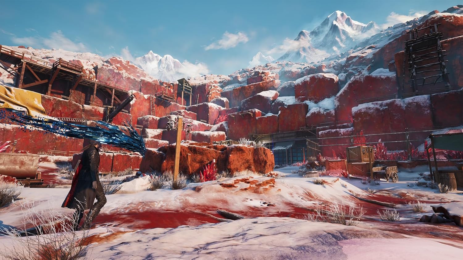 Gameplay scene from Lost Soul Aside PS5 showing a character exploring a snowy, mountainous area with red rocky structures