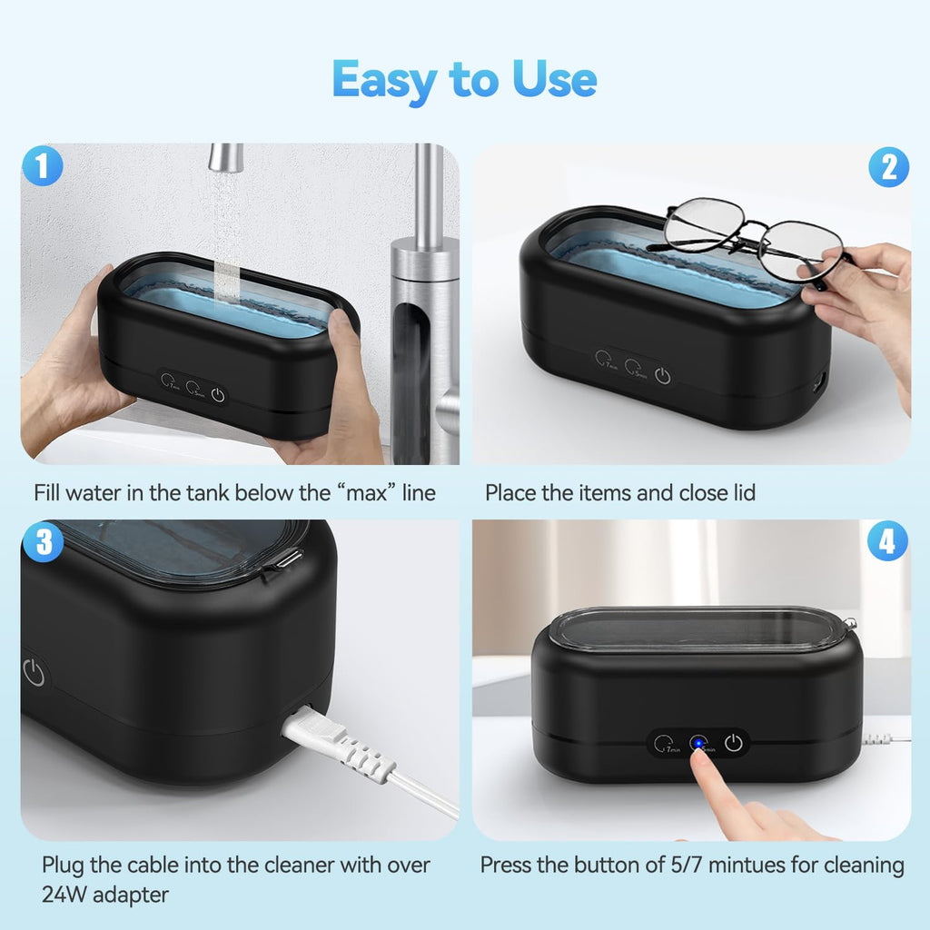 Craques ultrasonic jewelry cleaner showing easy steps to fill water, place items, plug cable, and press button for cleaning