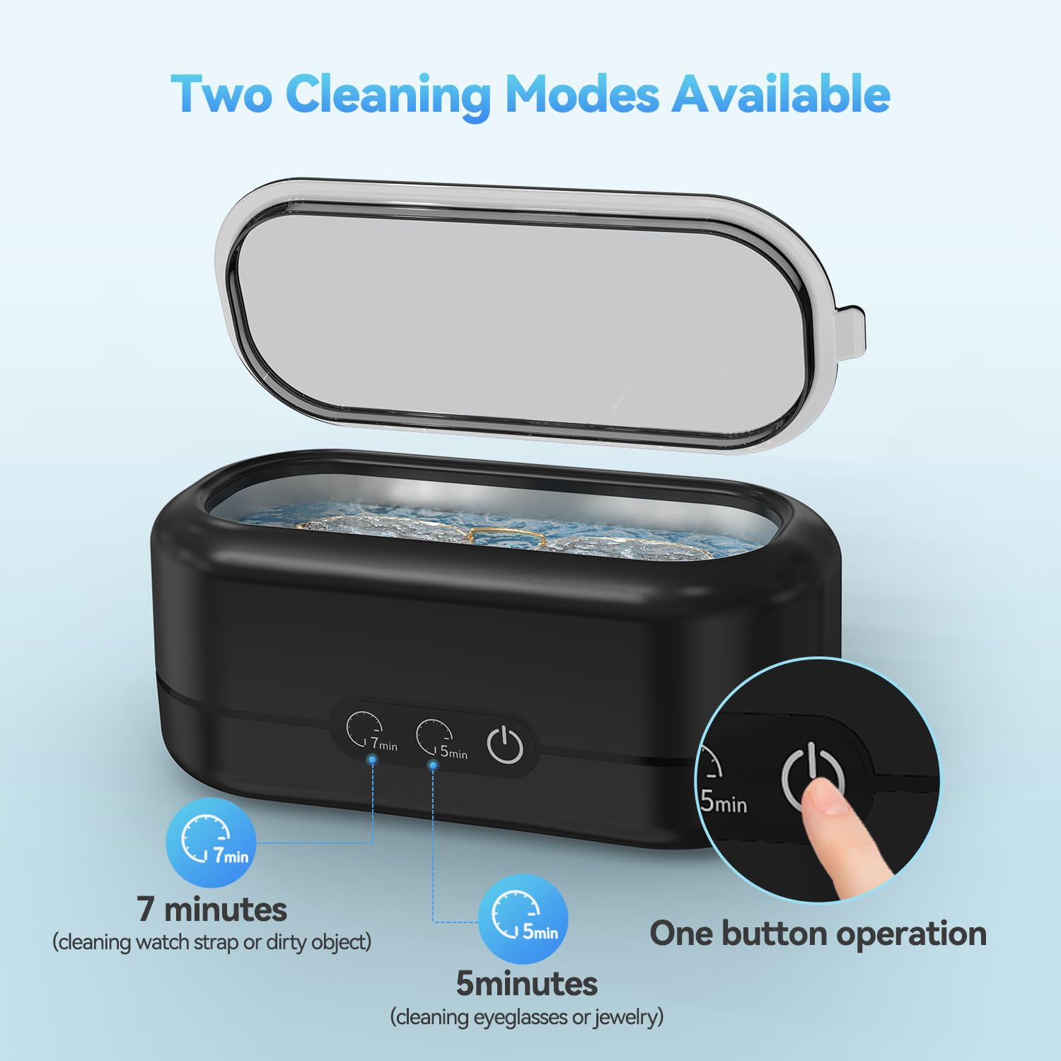 Black ultrasonic jewelry cleaner with two cleaning modes for 5 or 7 minutes and one button operation