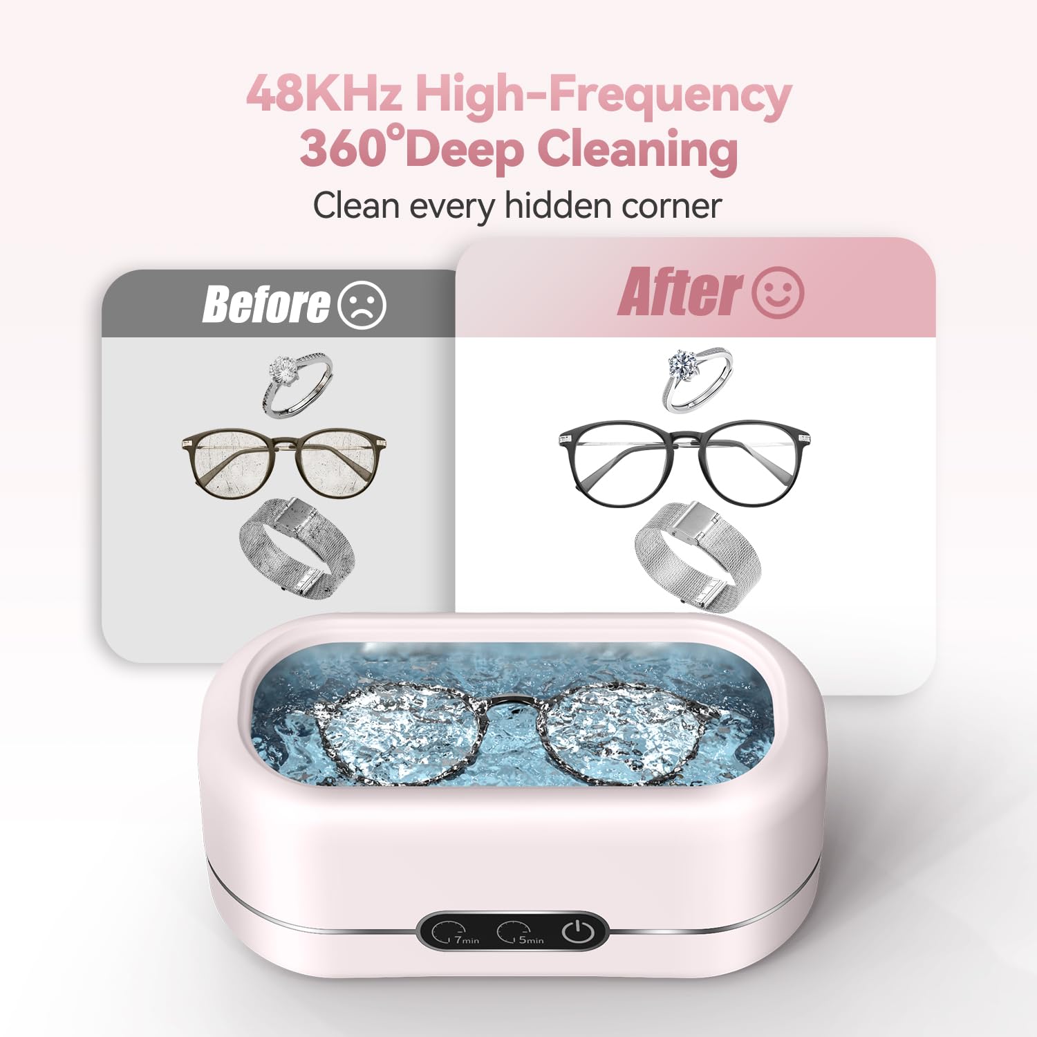 craques ultrasonic jewelry cleaner showing before and after cleaning glasses ring and bracelet with 48KHz high-frequency deep cleaning