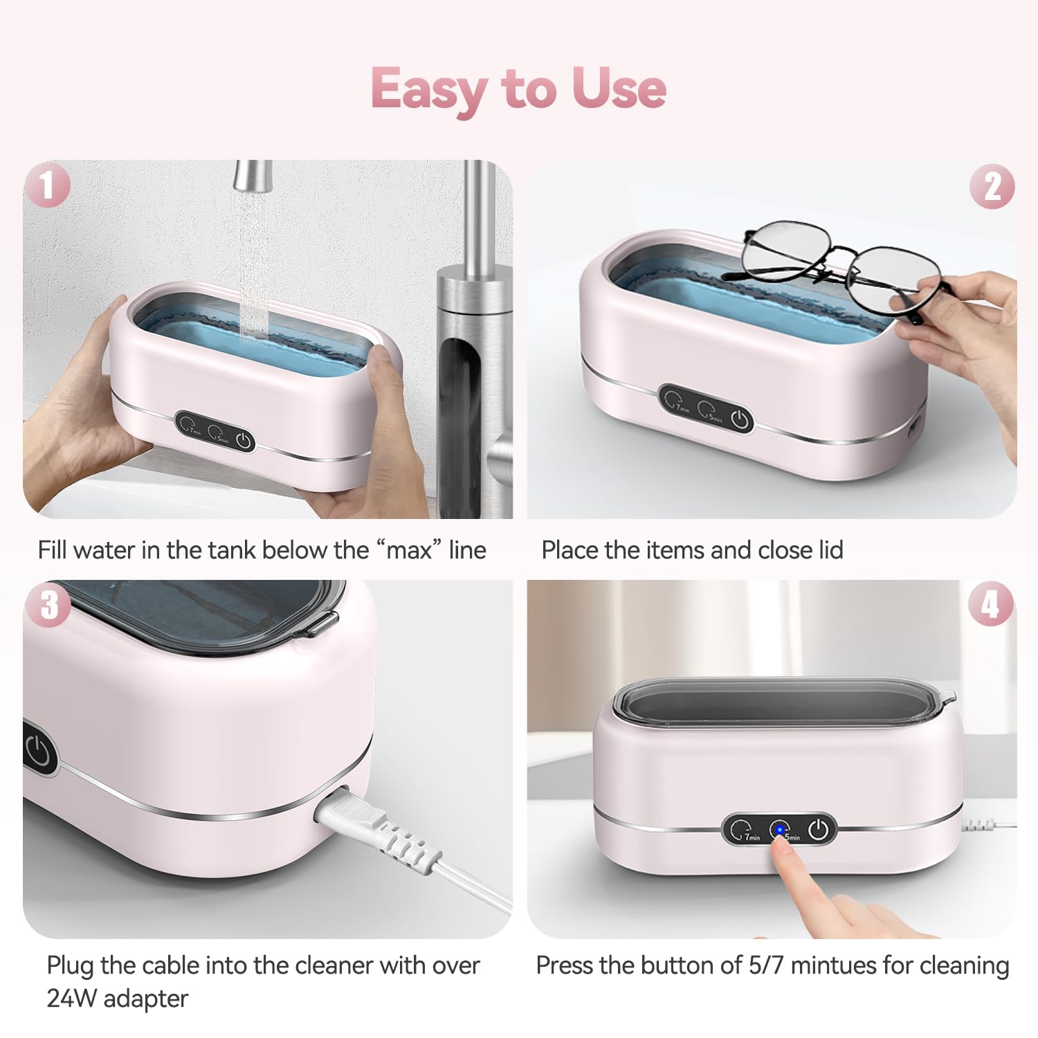 Craques ultrasonic jewelry cleaner in pink showing water filling, placing glasses, plugging cable, and button press steps