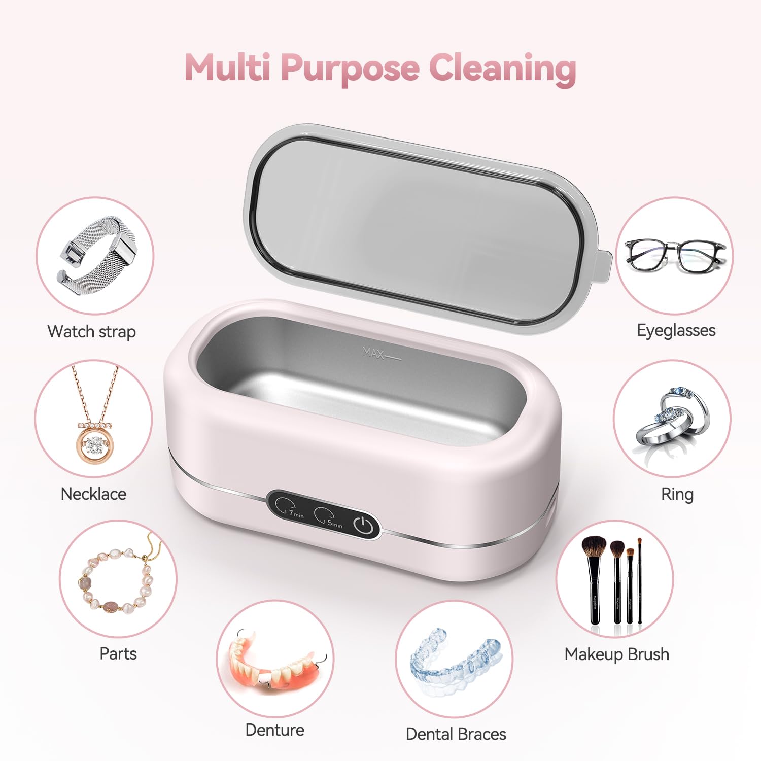 Craques ultrasonic jewelry cleaner in pink designed for cleaning rings, necklaces, eyeglasses, watch straps, and dental braces