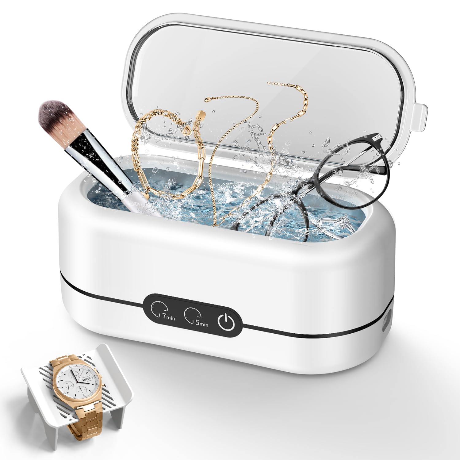 Craques ultrasonic jewelry cleaner with digital controls cleaning glasses, gold chains, and makeup brush