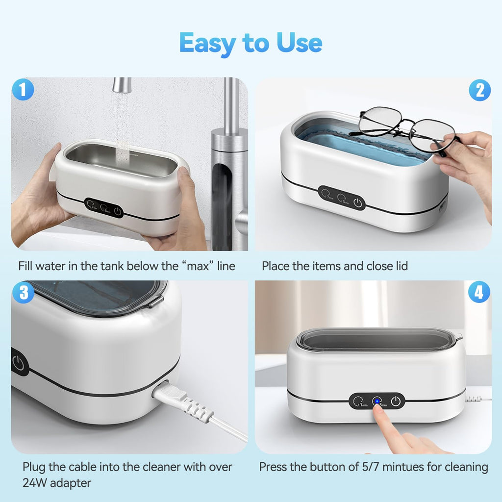 Craques ultrasonic jewelry cleaner showing filling water, placing items, plugging cable, and pressing clean button