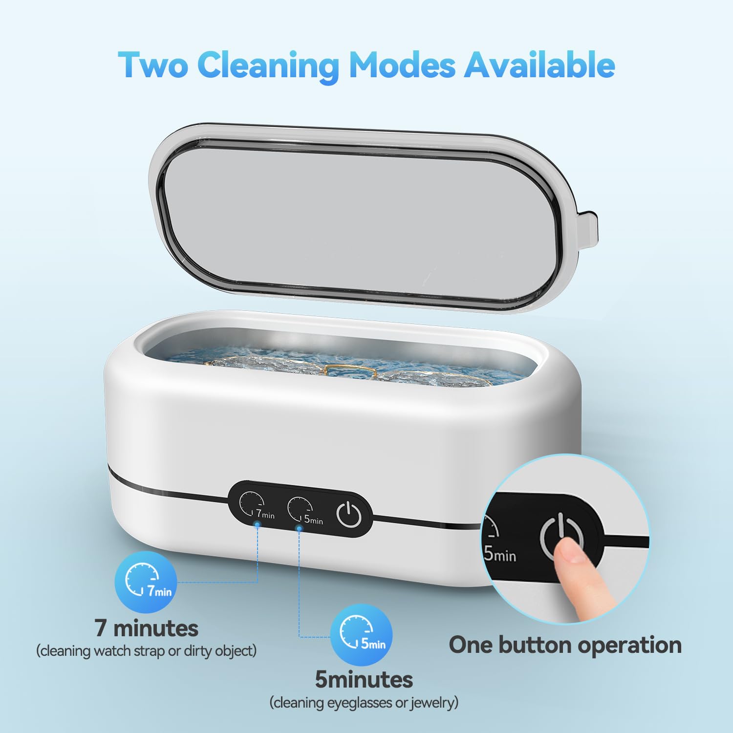 Ultrasonic jewelry cleaner with open lid showing cleaning water and one button operation for 5 or 7 minute modes