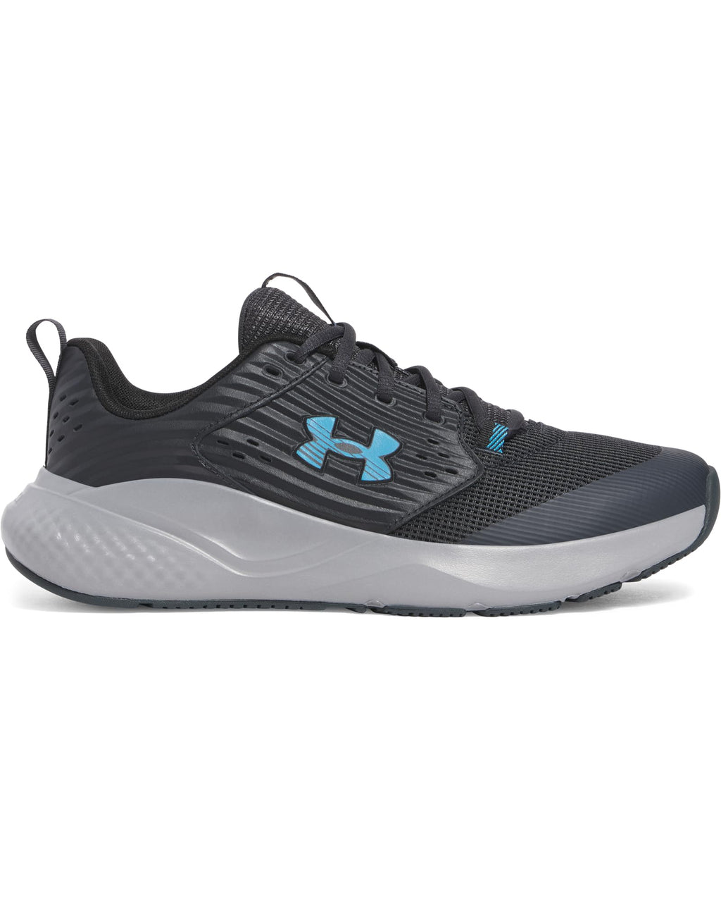 Under Armour Charged Commit 4 sneakers in black and gray with blue logo and cushioned sole