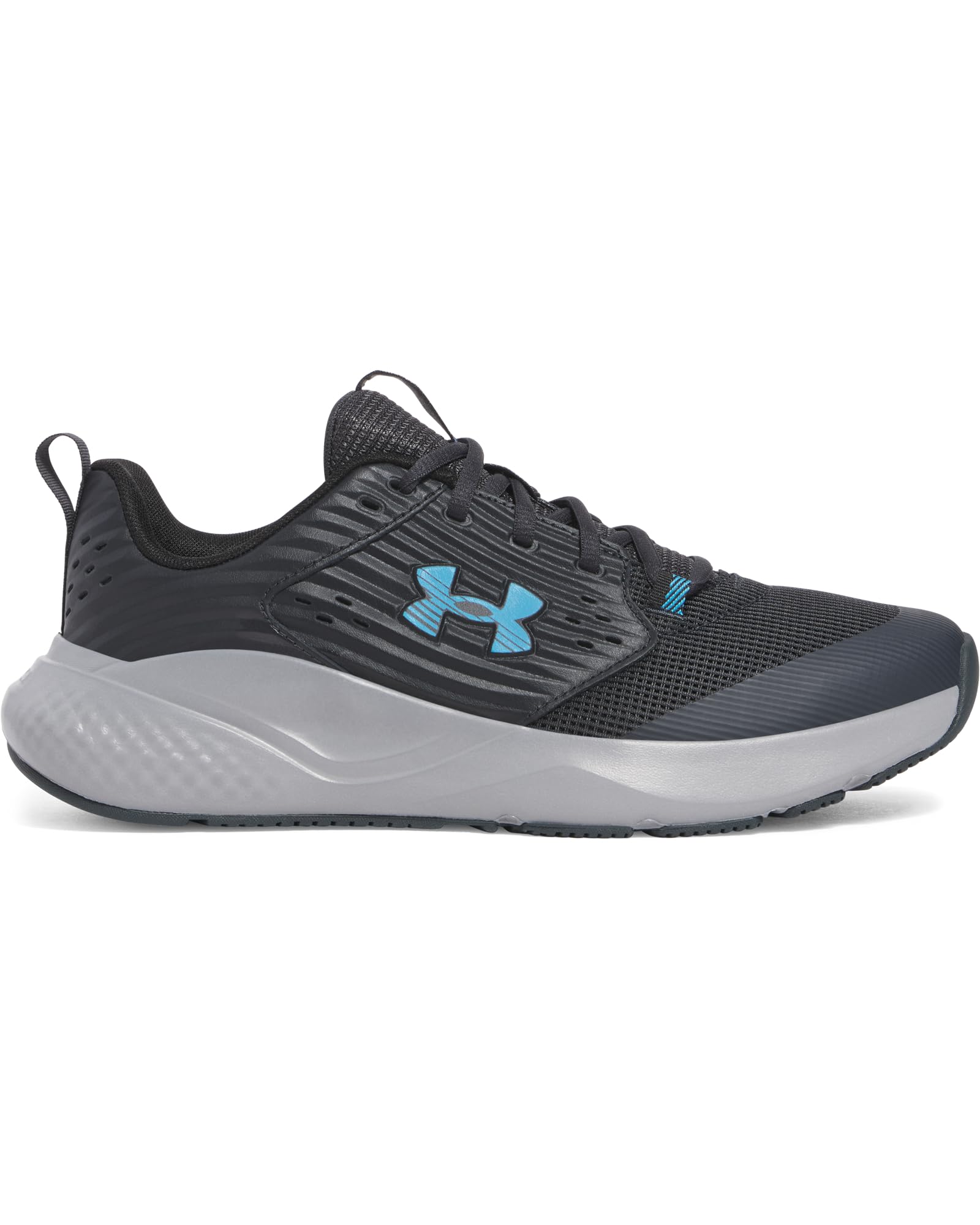 Under Armour Charged Commit 4 sneakers in black and gray with blue logo and cushioned sole