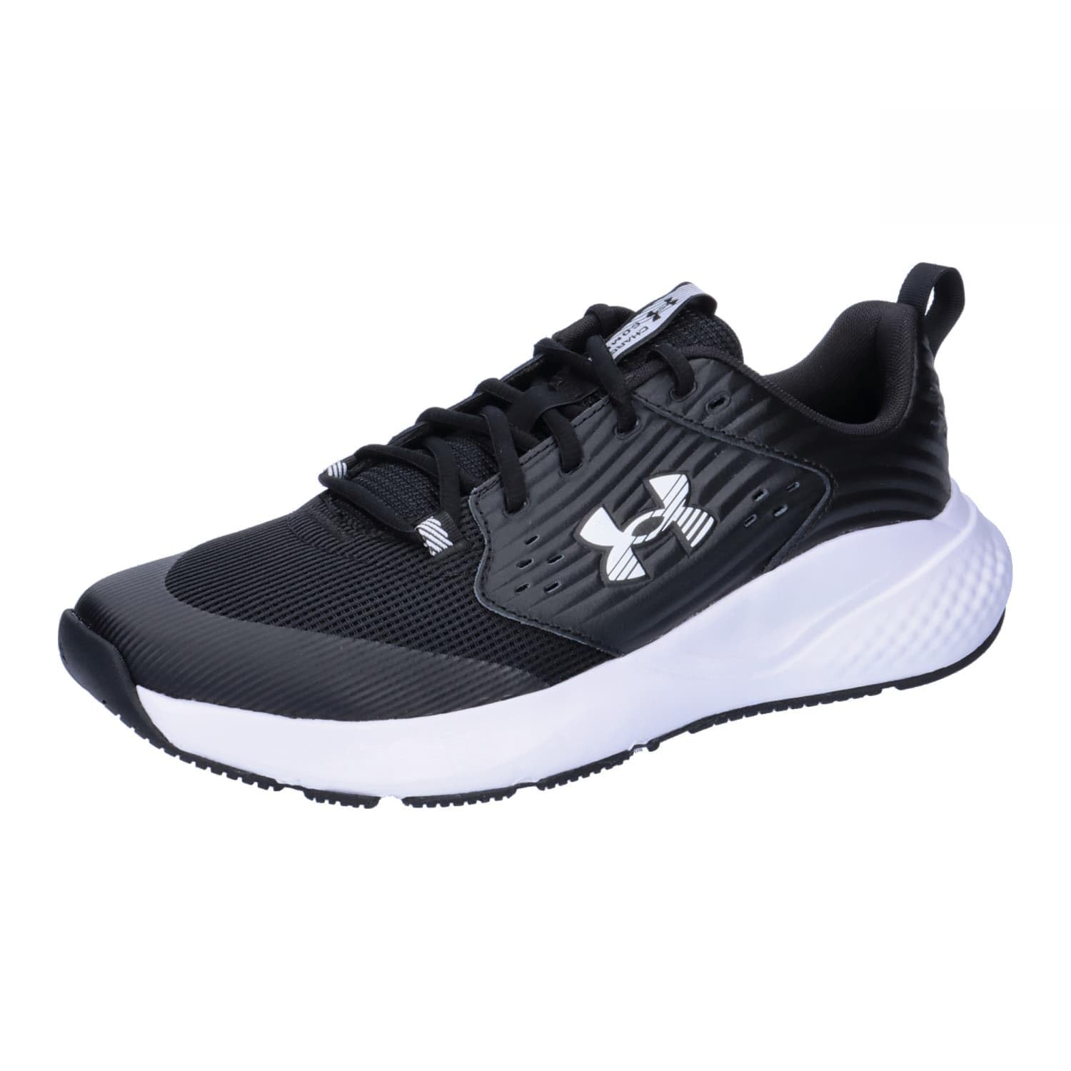 Black and white Under Armour Charged Commit 4 sneakers designed for optimal comfort and support