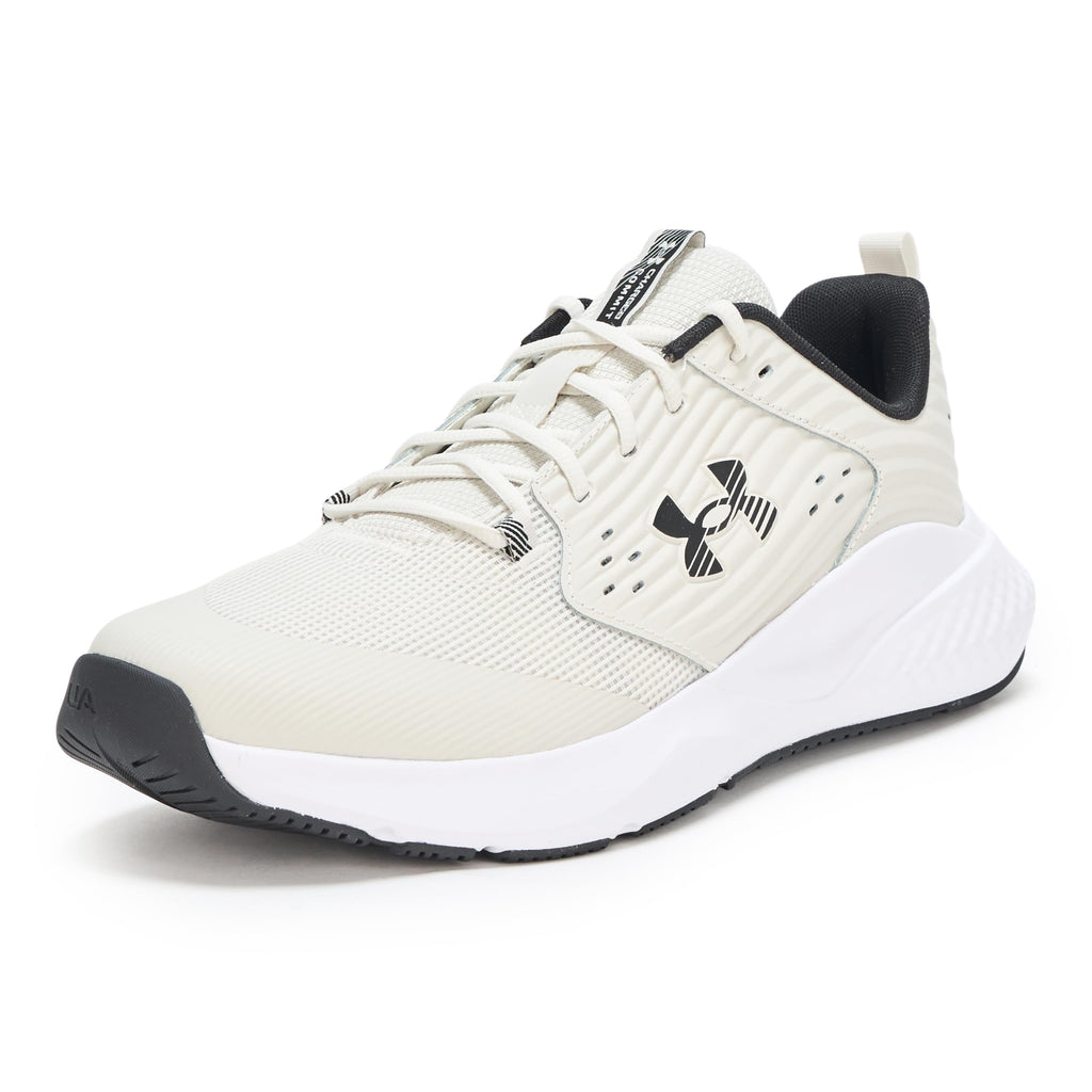 Under Armour Charged Commit 4 sneakers in white with black logo and cushioned sole for running
