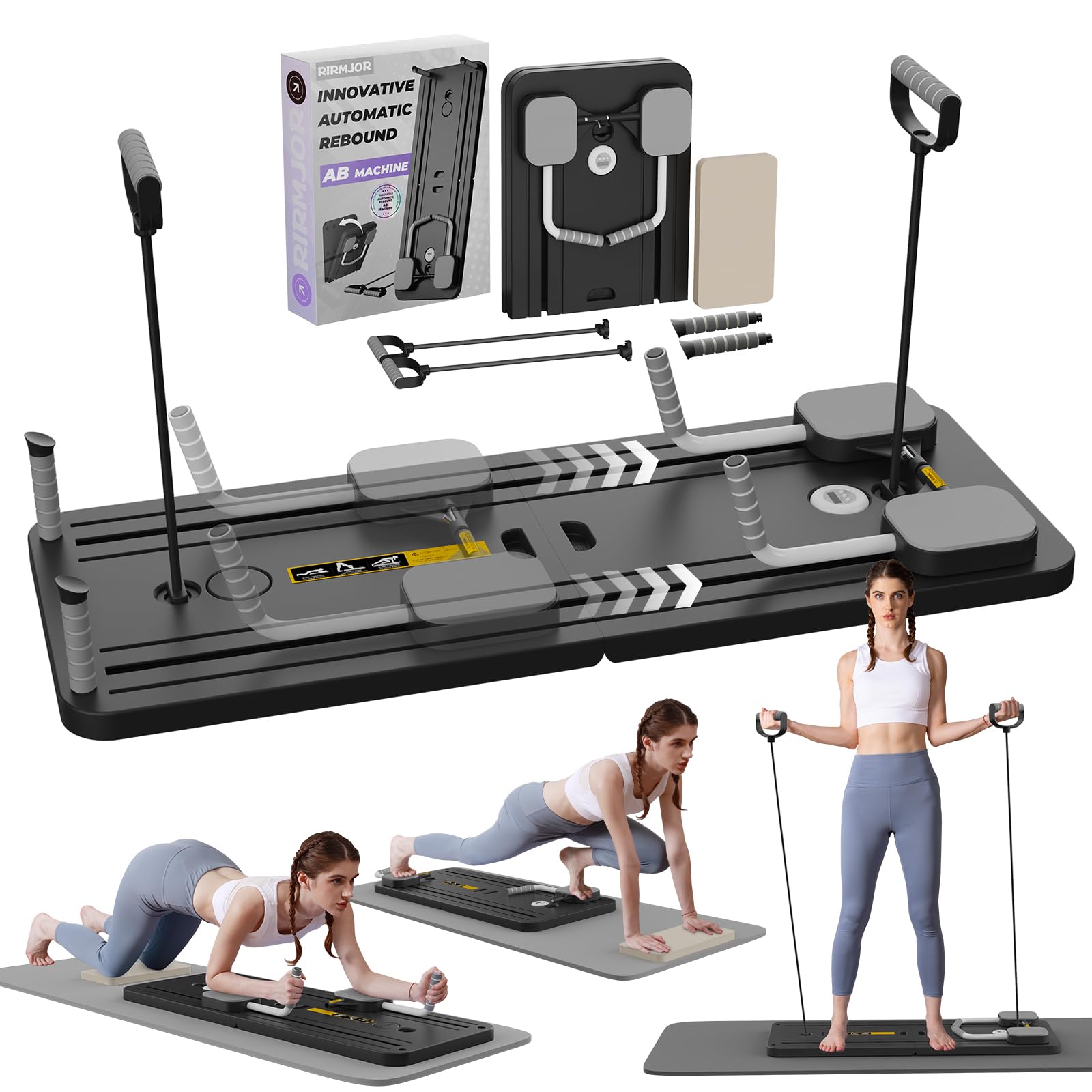 Craques upgraded pilates reformer for home with resistance bands and workout mat shown in use by woman exercising