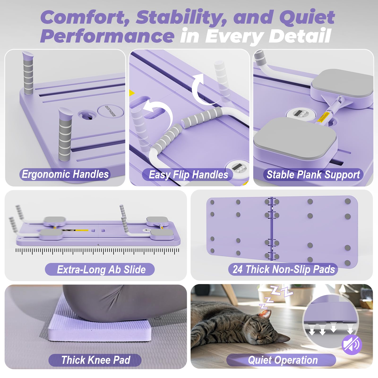 Upgraded pilates reformer for home with ergonomic handles, easy flip handles, stable plank support, and quiet operation