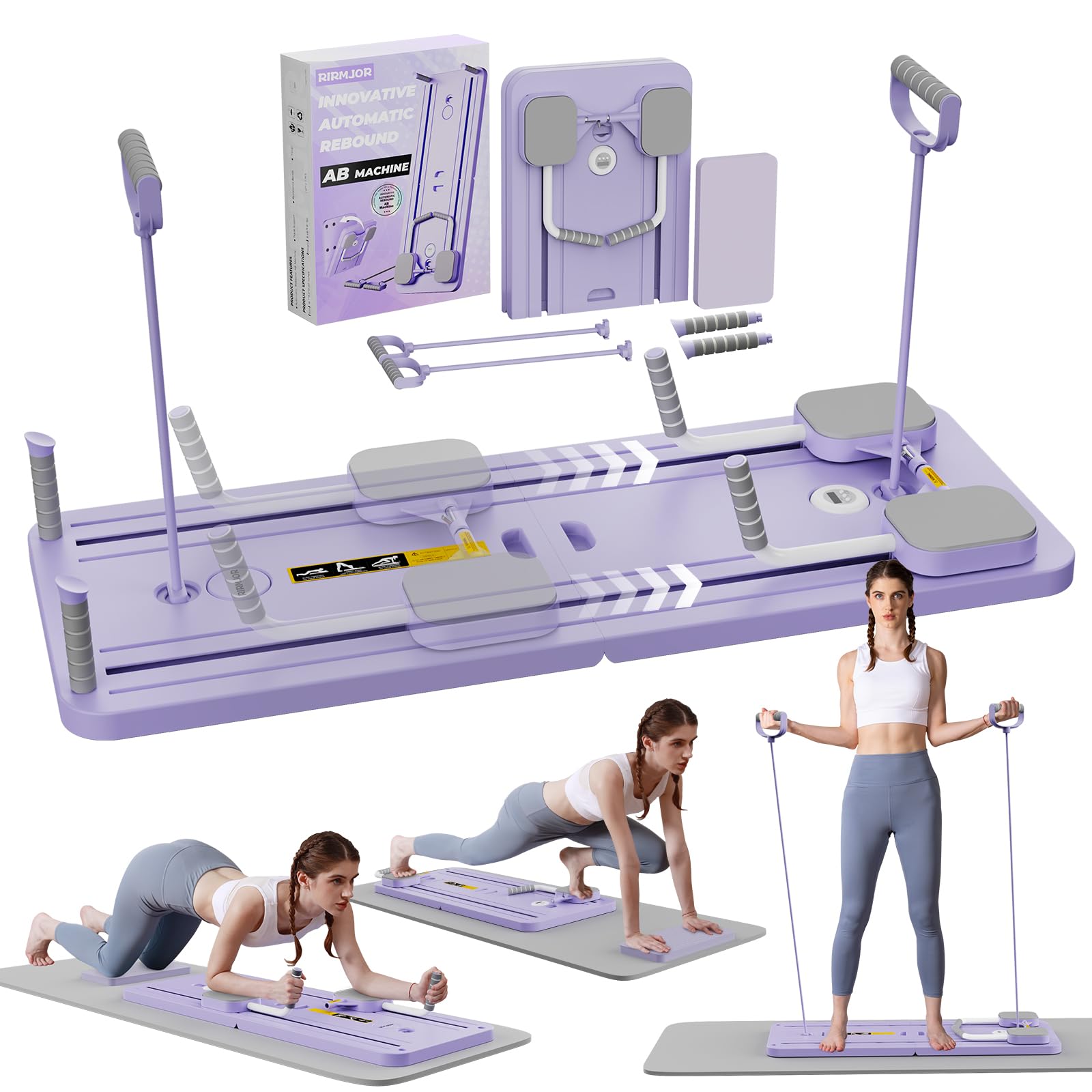 Craques upgraded pilates reformer for home in lavender with resistance bands and exercise demonstrations
