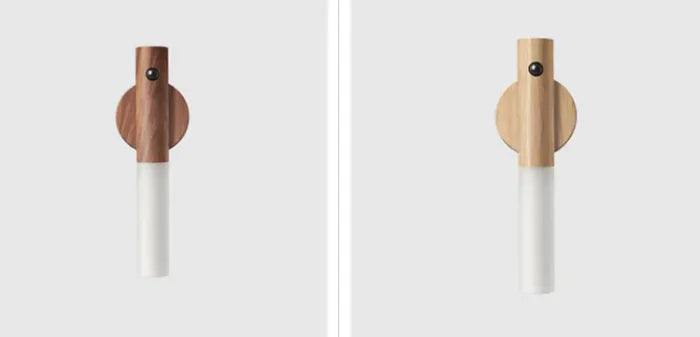 Craques USB rechargeable LED lamp with wooden base and white cylindrical light cover in walnut and natural wood finishes