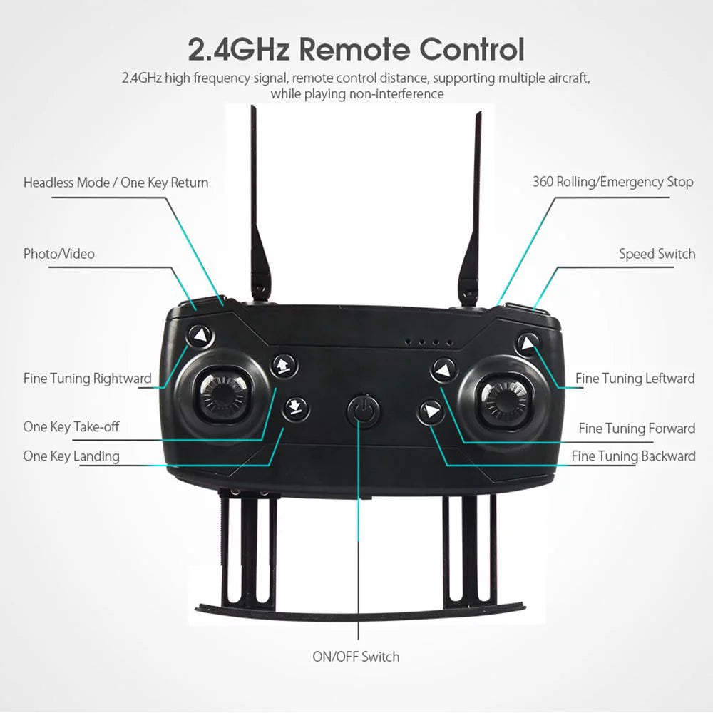 Black 2.4GHz remote control for 4K camera drone for adults with multiple control buttons and antennas