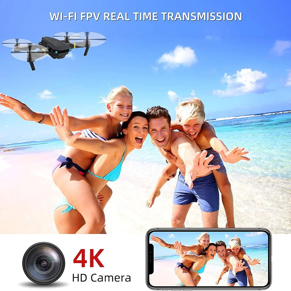 4K camera drone for adults flying above a happy family on beach with real-time Wi-Fi transmission