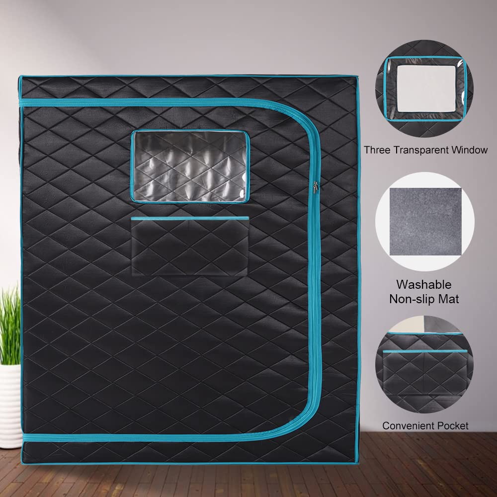 Craques full size steam sauna tent with quilted black fabric, blue trim, transparent window, non-slip mat, and convenient pocket