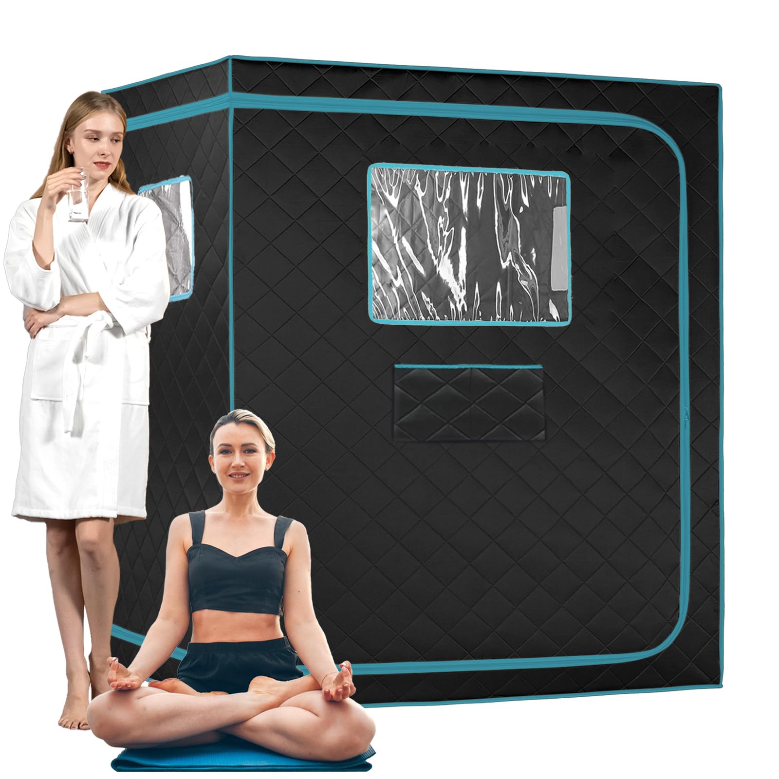 craques full size steam sauna tent in black with blue trim featuring two women relaxing nearby