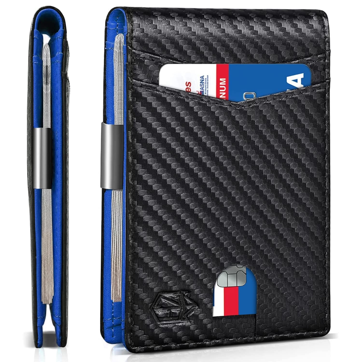 Slim RFID wallet for men in black carbon fiber design with blue interior and card holder