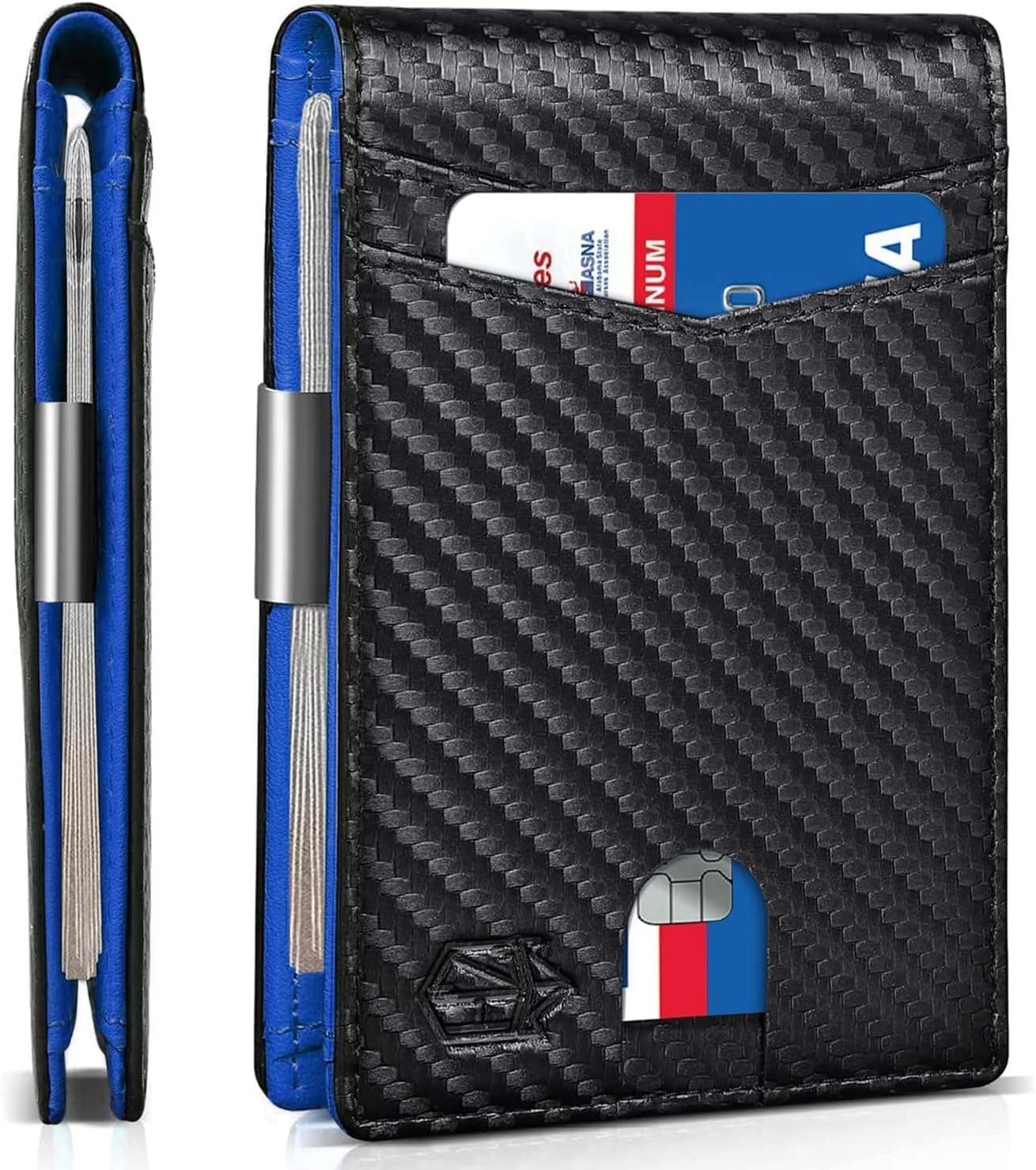 craques slim RFID wallet for men in black carbon fiber texture with blue interior and card slots