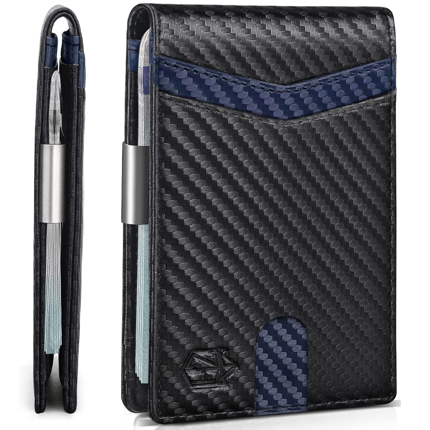 Craques slim RFID wallet for men in black carbon fiber with blue accent and money clip